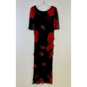VTG Cattiva New York Asymmetric Maxi Dress 100% Silk Black Red Sz 12 Whimsigoth